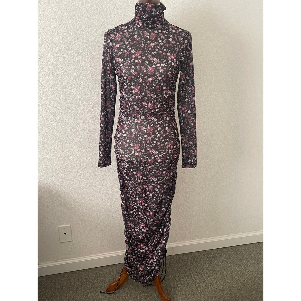 WAYF Floral Mesh Maxi Dress Women S Ruched Turtleneck Whimsigoth Dark Romantic